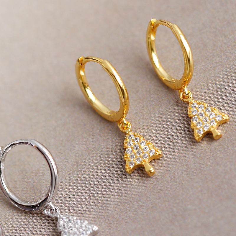 Golden Christmas Tree with Diamonds S925 Sterling Silver Earrings