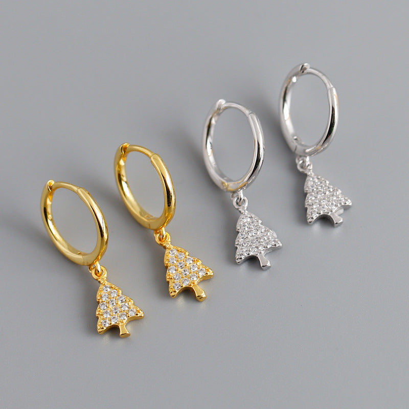 Golden Christmas Tree with Diamonds S925 Sterling Silver Earrings
