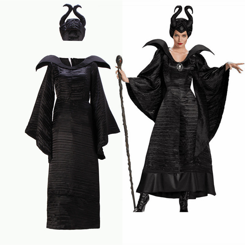 Halloween Maleficent Black Witch Costume (Dress and Hat)