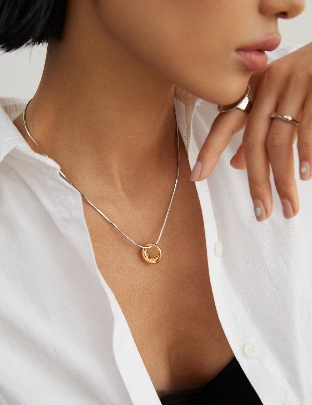 Sterling Silver Donut Pendant Necklace with Snake Chain/ Beaded Chain
