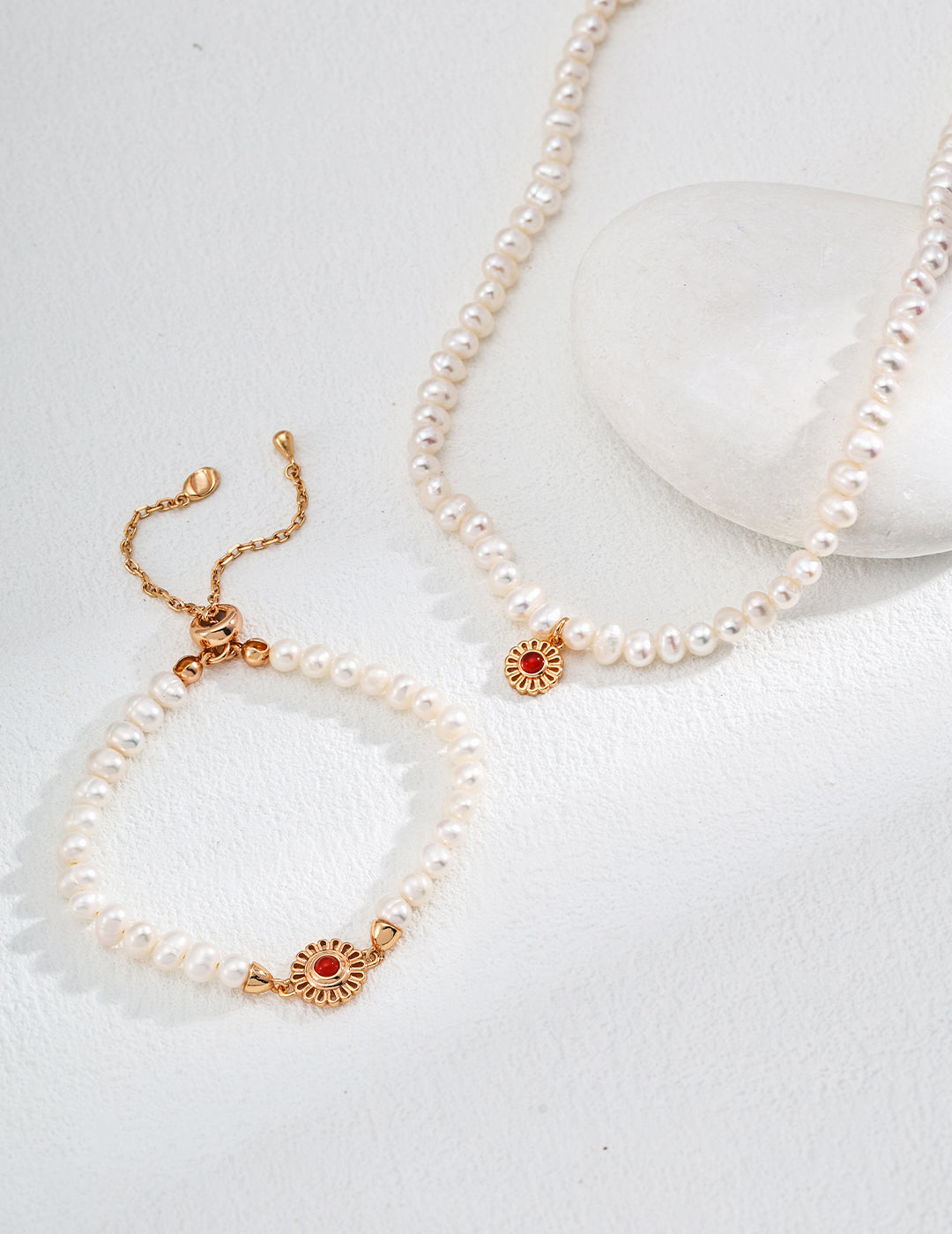 S925 Silver Natural Pearl Red/ Black Agate Necklace