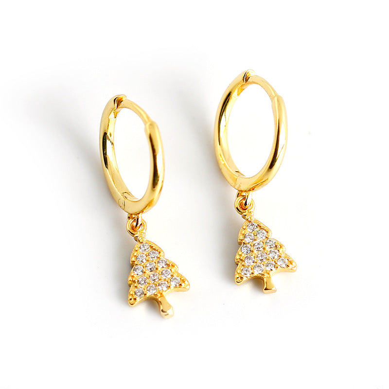 Golden Christmas Tree with Diamonds S925 Sterling Silver Earrings