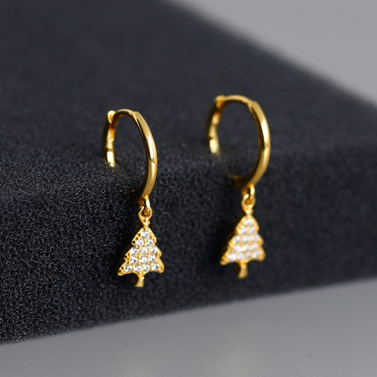 Golden Christmas Tree with Diamonds S925 Sterling Silver Earrings