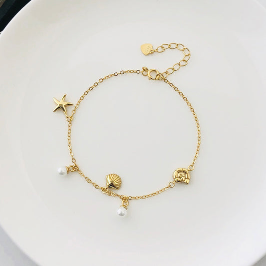 S925 Sterling Silver Temperament Round Beaded Star and Shell Bracelet