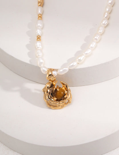 Tigerite Agate Pearl S925 Necklace with Irregular Round Pendent