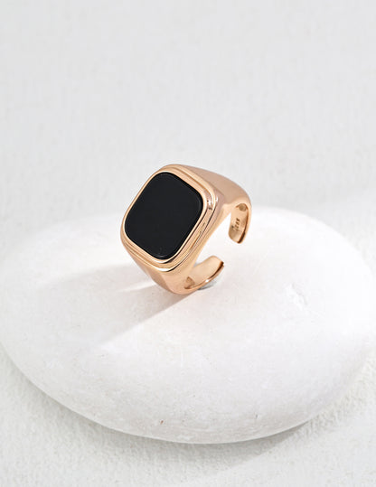 S925 Silver Simple Black Agate Ring