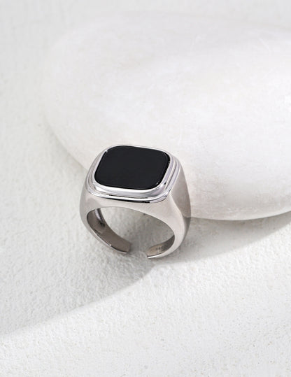 S925 Silver Simple Black Agate Ring