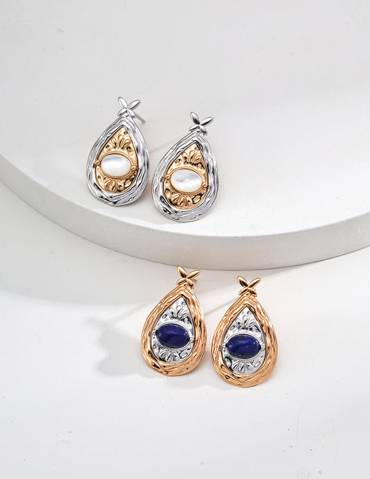 S925 Silver Vintage Gold and Platinum Mother-of-pearl/Lapis Lazuli Stylish Earrings